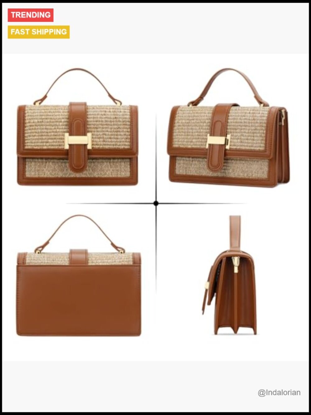 Straw Crossbody Bag with Top Handle, PU Leather Summer Purse - Picture 6 of 7